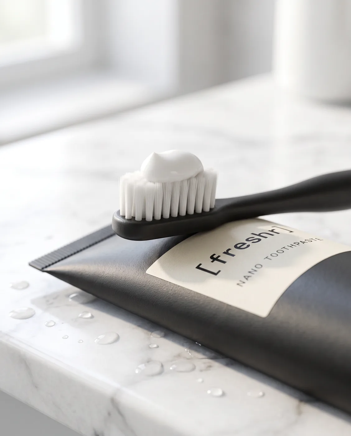 Close-up of the Freshr nano brush with toothpaste