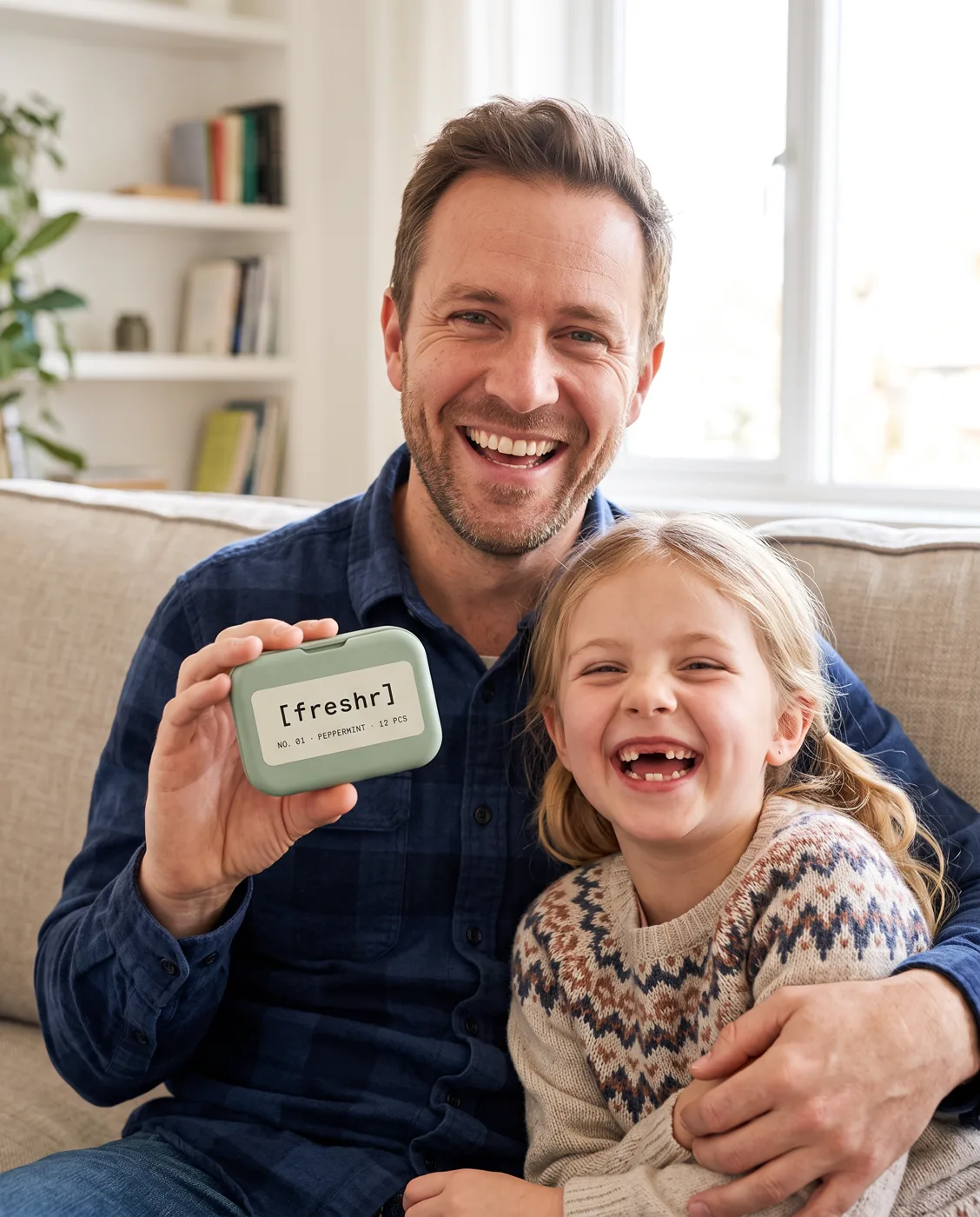 Dad and daughter grinning on the sofa