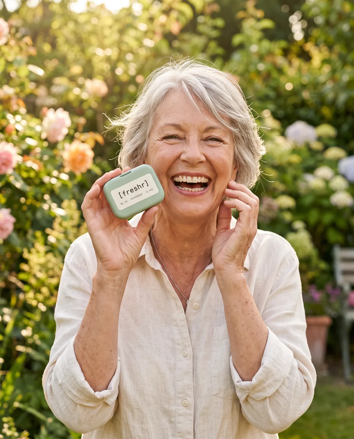 Garden party, 72, smiling with Freshr