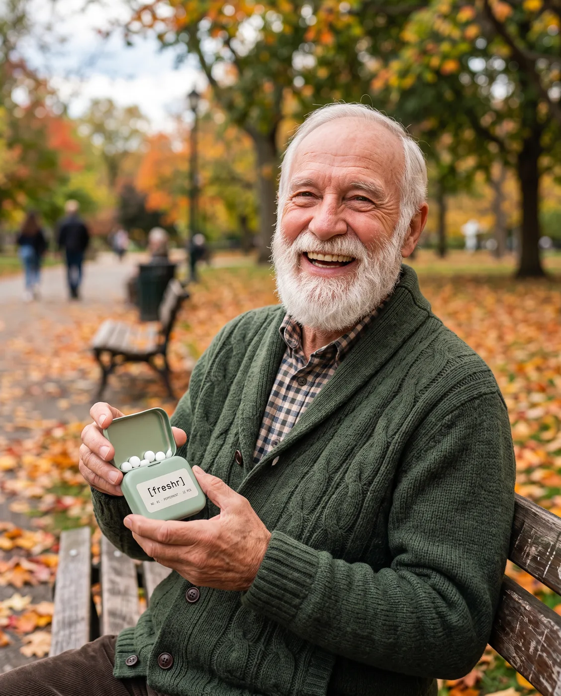 Park bench, 75, smiling with Freshr