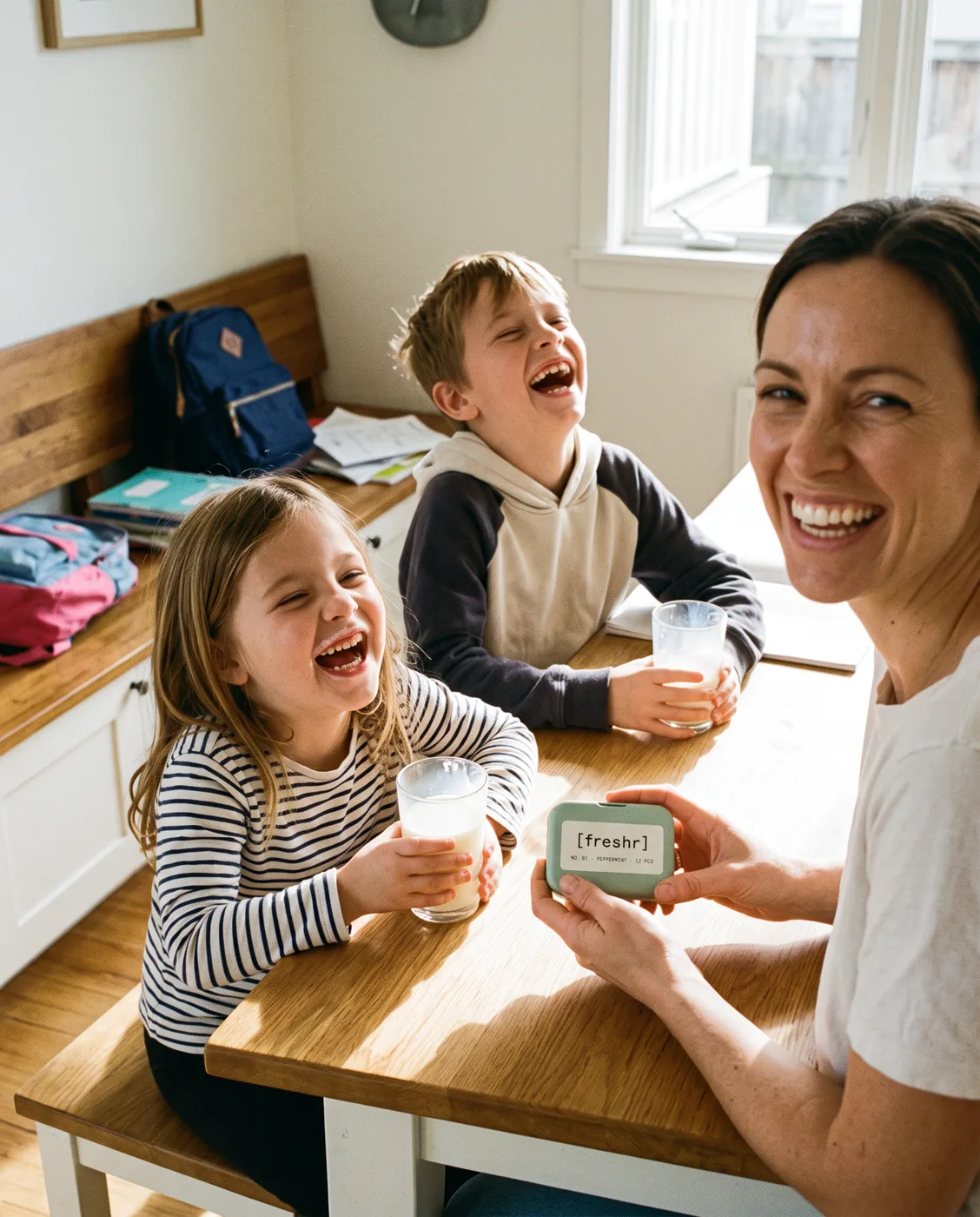 Mum and two kids laughing at the kitchen table
