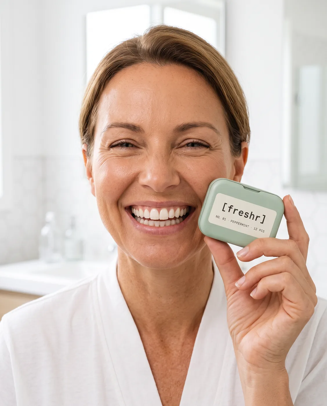 Woman in her forties smiling wide, holding a Freshr tin